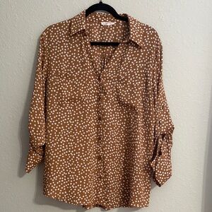 Maurices Caramel Floral Button Up Roll Tab Sleeve Blouse